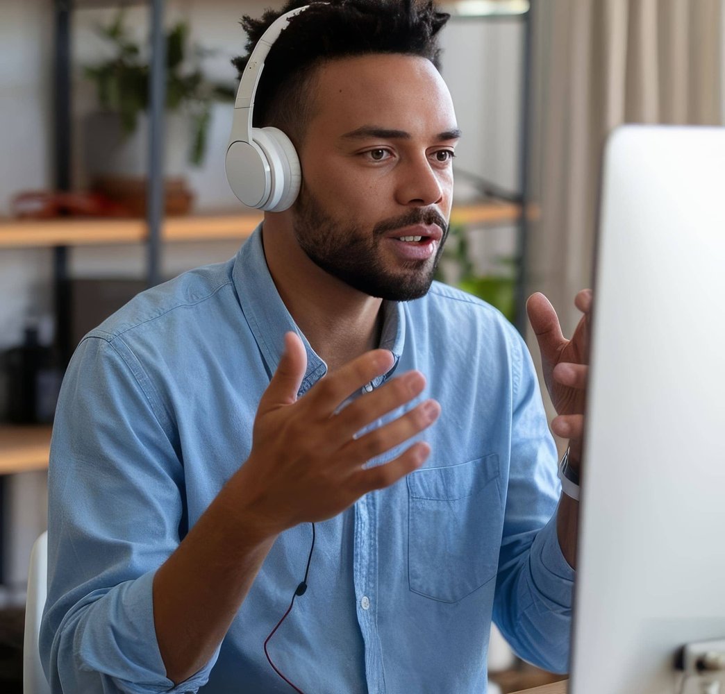 Man with white headphones speaking expressively during video call at desk