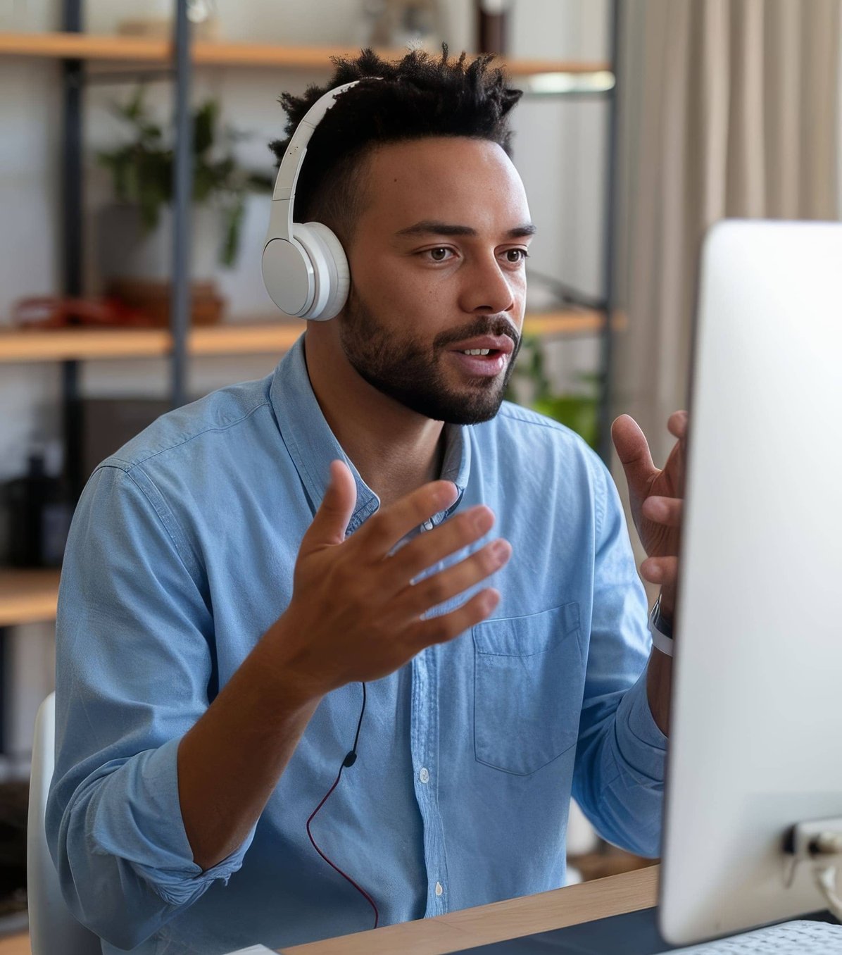 Man with white headphones speaking expressively during video call at desk