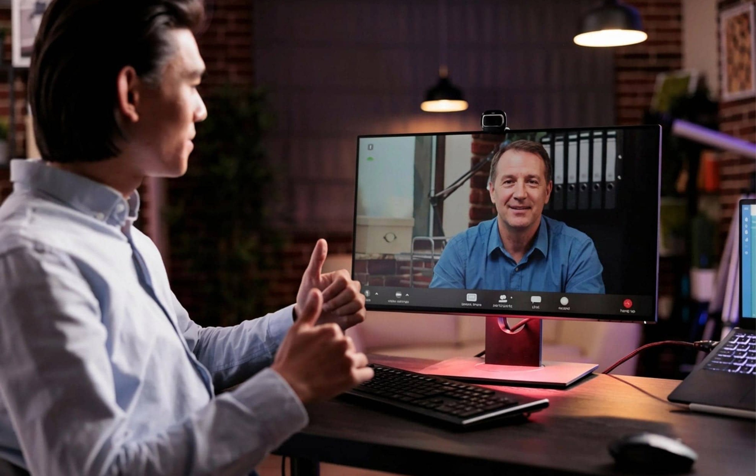 Professional having video conference call with colleague on desktop monitor